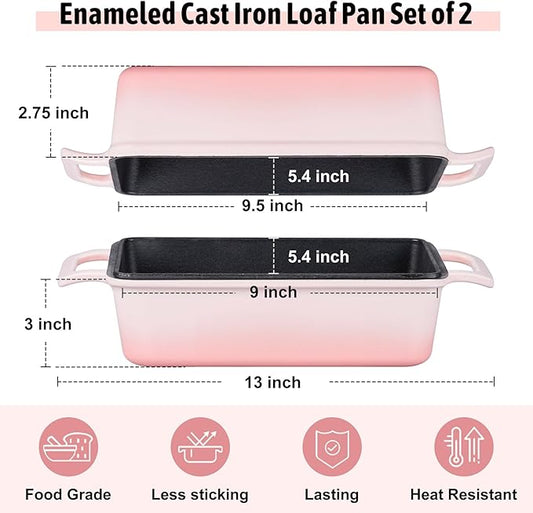 P&P CHEF 2-In-1 9 x 5 Inch Cast Iron Loaf Pan with Lid (Pink), Bread Loaf Pans for Baking Homemade Sourdough Bread, Meatloaf, Toast, Cake, Nonstick & Healthy & Sturdy, 2 Piece Set
