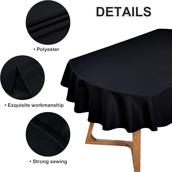 Wolkemer Oval Tablecloth 60 x 84 Inch Washable Fabric Table Cloth Solid Black Table Cover for Dining Wedding Party Banquet Tabletop Decoration