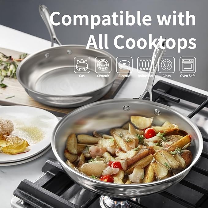 4.5 QT 5-Ply Stainless Steel Saute Pan with Lid, Compatible with All Cooktops, Dishwasher Safe