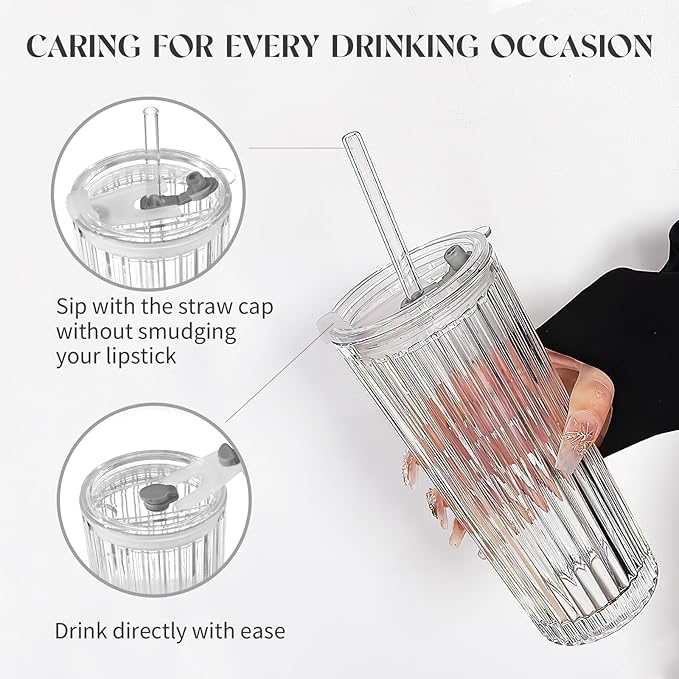 Puraville 4 Pack 18oz Glass Cups with Lids and Straws, Vintage Pattern Thickened Glassware for Whiskey Cocktail Beer, Mason Jar Drinking Glasses Tumbler Iced Coffee Cup, Clear