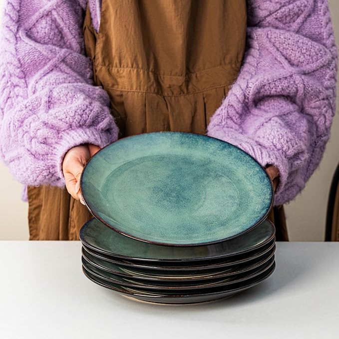 Dinner Plates Set of 6, 10 Inch Ceramic Plates – Porcelain Dinner Plates for Kitchen, Serving & Everyday Use, Microwave & Dishwasher Safe，Light Blue