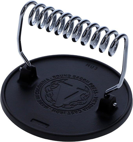 Victoria Round Cast-Iron Meat Press with a Wire Handle, Preseasoned with Flaxseed Oil, Made in Colombia