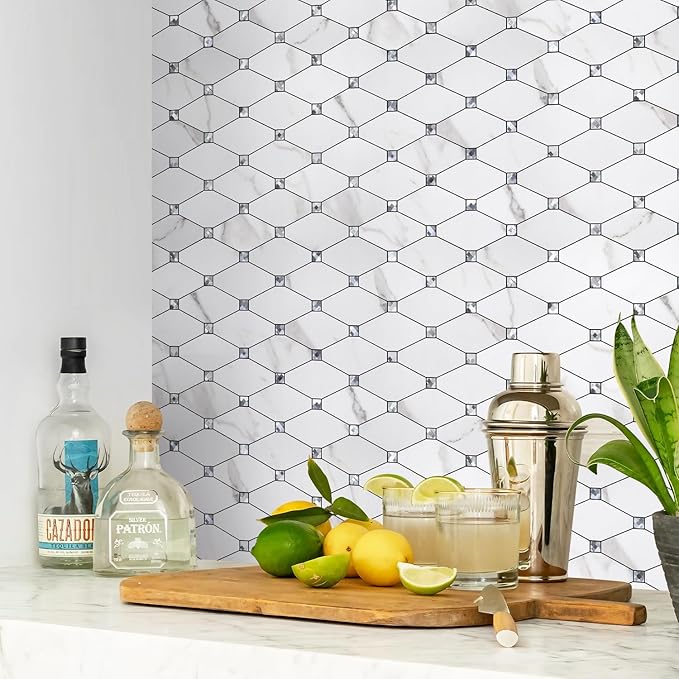 STICKGOO 10 Sheets Peel and Stick Backsplash, Calacatta Stick on Aluminum Composite Tiles Stikers, Self Adhesive Mixed Glass Backsplash for Kitchen, Bathroom, Fireplace, RV