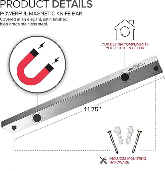 Modern Innovations 12 Inch Stainless Steel Magnetic Knife Bar with Multipurpose Use as Knife Holder, Knife Rack, Knife Strip, Kitchen Utensil Holder, Tool Holder, Art Supply Organizer, Home Organizer
