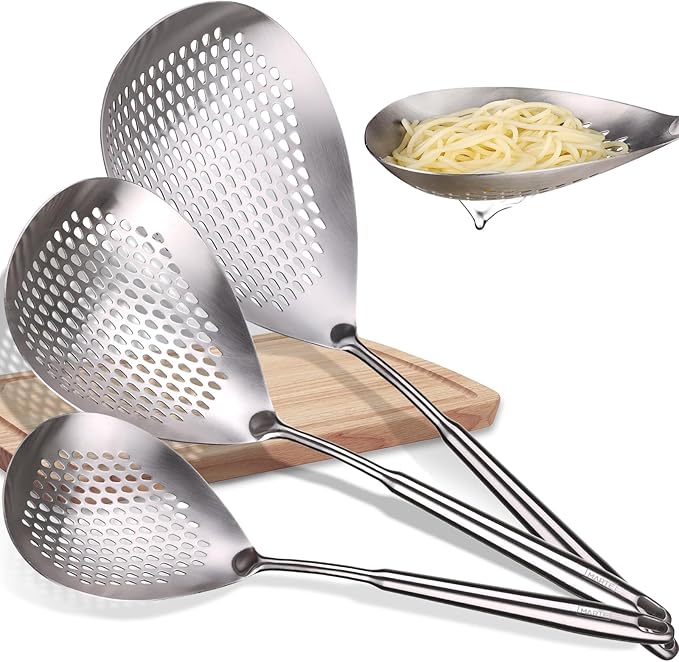 MARTE Skimmer Slotted Spoon Set of 3-304 Stainless Steel Spider Strainer Utensils Ladle Spoon with Handle for Cooking and Frying - Kitchen Pasta Strainer Colander - 14.8In,16.5In,17In