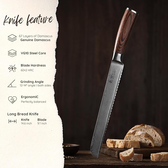 Wakoli EDIB Damascus Bread Knife – 9.1-Inch Long Serrated Blade with VG10 Core, Professional Kitchen Knife made of 67-Layer Damascus Steel & Ergonomic Pakkawood Handle in Premium Gift Box