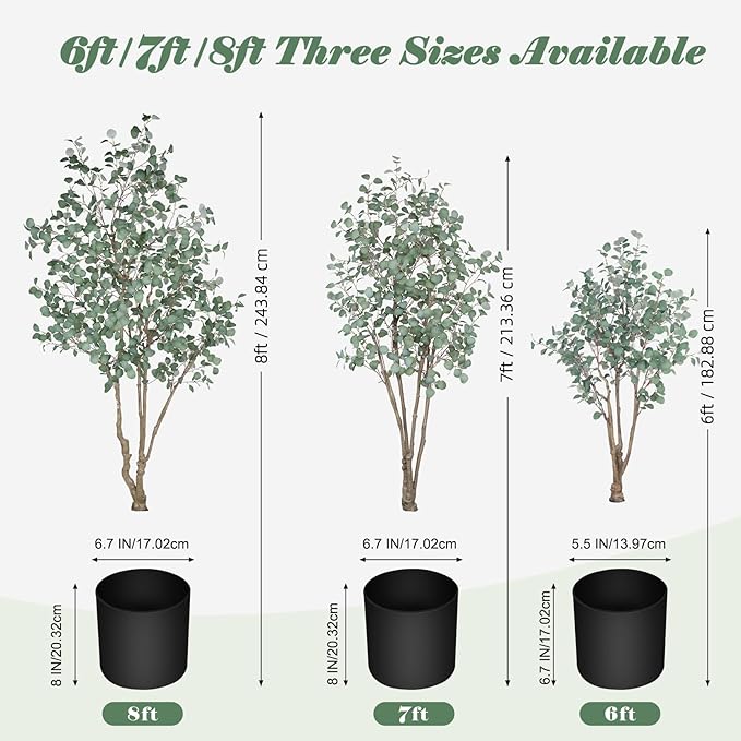 7FT Artificial Eucalyptus Tree Indoor, Tall Faux Eucalyptus Plant with Pre-Potted Realistic Silk Leaves and Trunk, Fake Eucalyptus Tree for Office Living Room Bedroom Foyer Porch Home Corner Decor