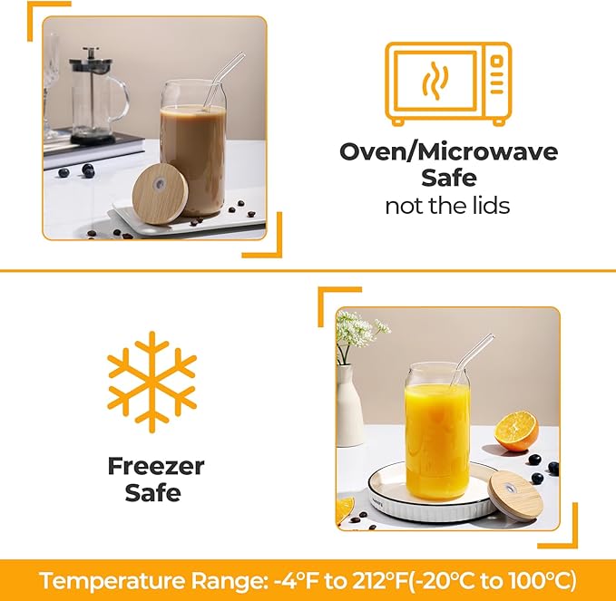 4 Set Glass Cups with Bamboo Lids and Straws, 20oz Drinking Beer Glasses, Iced Coffee Cups, Cute Tumbler with 2 Cleaning Brushes, Ideal for Bubble Tea, smoothie, Juice