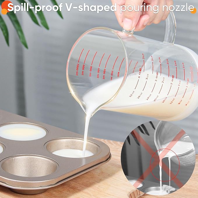 4 Cup Glass Measuring Cup with Handle, 77L High Borosilicate Glass Measuring Cup with V-Shaped and Three Scales (Cup, OZ, ML), Glass Liquid Beaker with Silicone Base, Double-Sided Measure Scales
