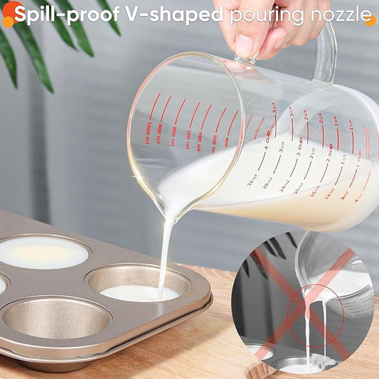 4 Cup Glass Measuring Cup with Handle, 77L High Borosilicate Glass Measuring Cup with V-Shaped and Three Scales (Cup, OZ, ML), Glass Liquid Beaker with Silicone Base, Double-Sided Measure Scales