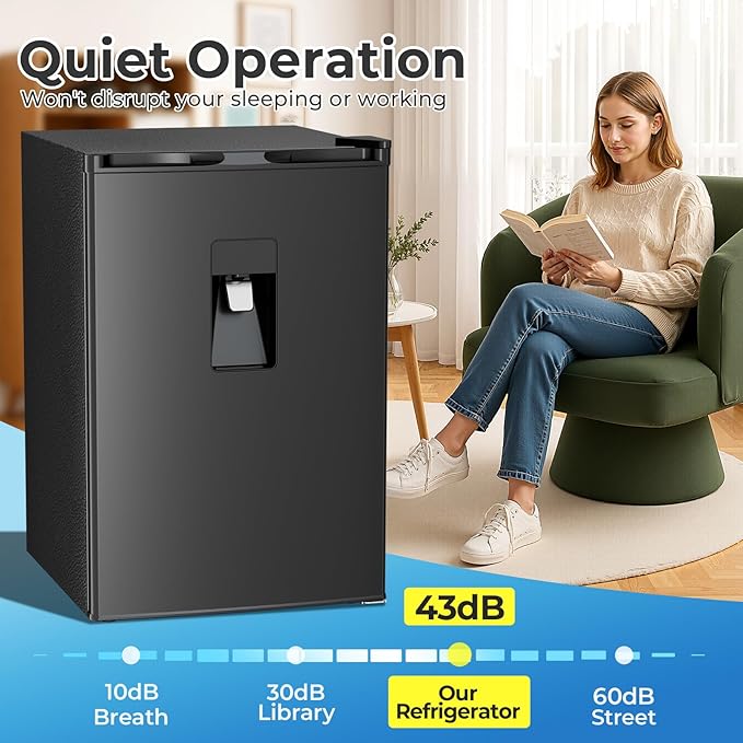 Compact Refrigerator 4.4 cu.ft mini fridge with Water Dispenser, Single Door Refrigerator with Adjustable Temperature Settings, Low noise, for Bedroom, Office, Dorm Black