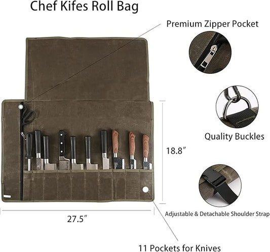 Chef’s Knife Roll Bag,Waxed Canvas Knife Cultery Carrier, Portable Chef Knife Cases,Knife Pouch Holders With 10 Slots Plus 1 Zipper Pockets Can Hold Home Kitchen Knife Tools Up To 18.8”