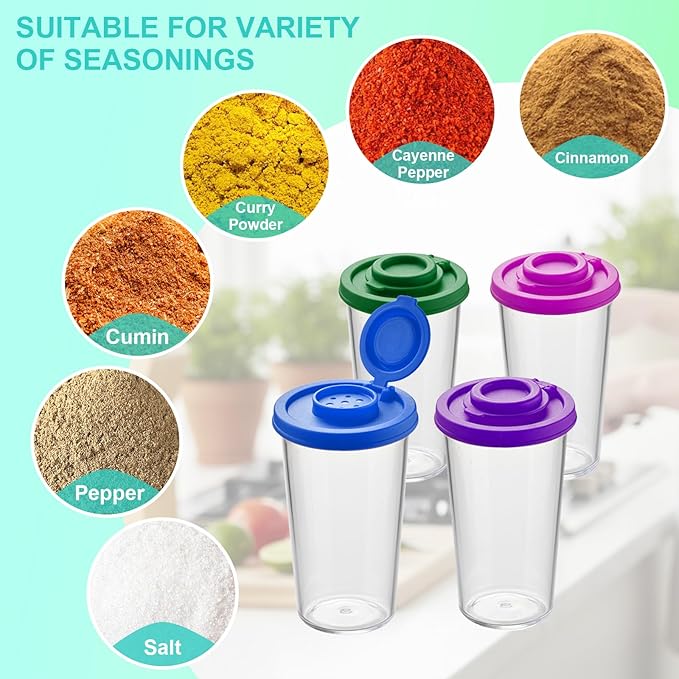 Plastic Salt and Pepper Shakers Set with 4 Color Lids & 20 Labels – Clear Spice Jars, Reusable, Refillable Seasoning Containers for Kitchen, Cooking, Baking – Easy Storage & Organization