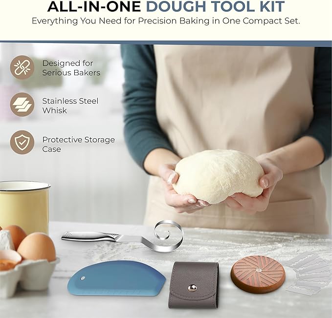 Sourdough Accessories | Seamless Danish Sourdough Bread Whisk, Silicone Dough Scraper & Sourdough Scoring Tool with 5 Blades + Storage Bag (Sourdough bread lame Kit) | Bread baking supplies