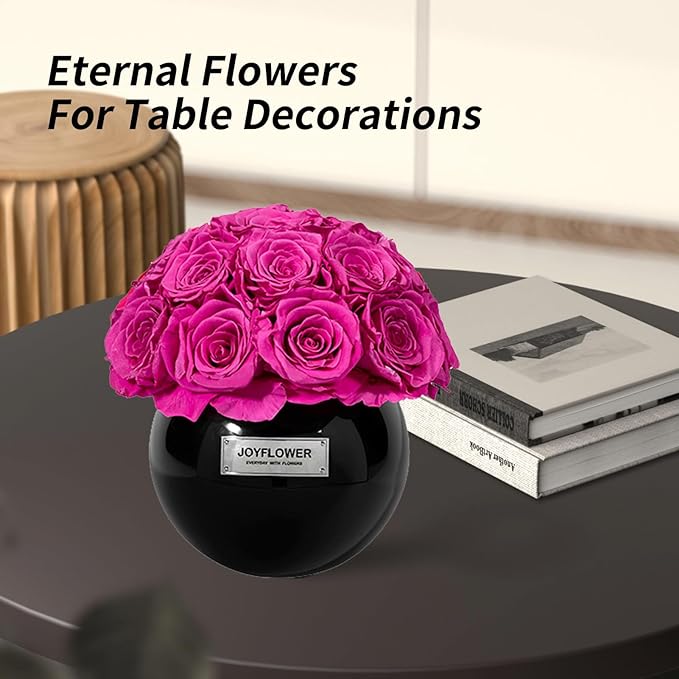 JoyFlower Preserved Flowers Vase Glass Decor, Eternal Flower Vases for Centerpieces, Forever Flower Decorations for Party Home Wedding Table Living Room Bedroom, Black Glass Vase House Decor(Fuchsia)