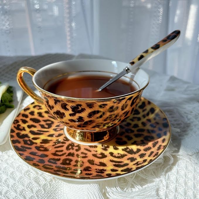 YBK Tech Euro Style Bone China Cup& Saucer Set, Ceramic Tea Coffee Cup for Home Kitchen Wedding (Leopard Pattern)