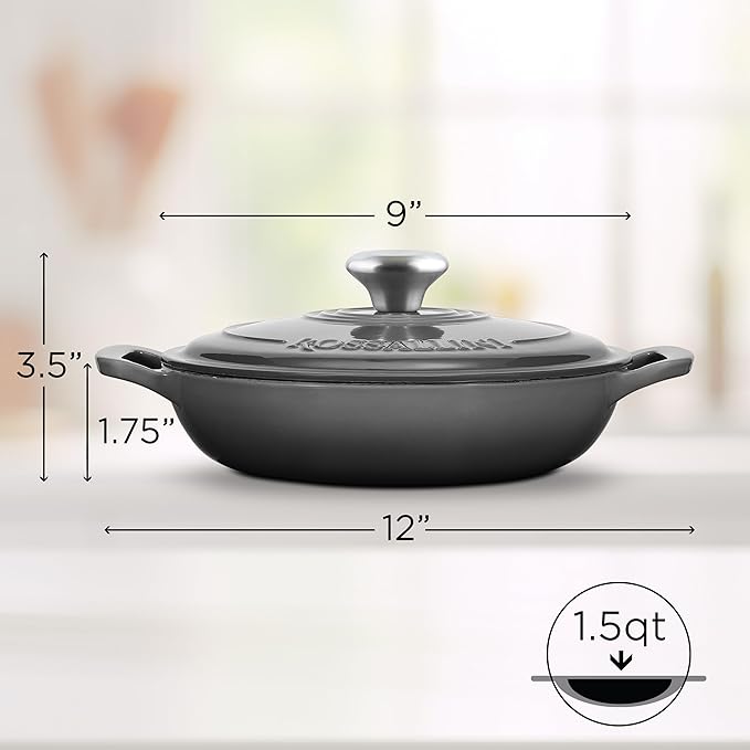 ROSSALLINI Signature Enameled Cast Iron Braiser, Non-Stick Serving Pot with Tight Fitting Lid for Perfect Roasting, Baking, Sauteing, Searing, and Pan Frying | 1.5Q (1.4L) - Oyster Grey
