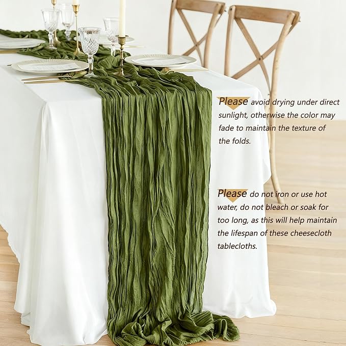 12 Pcs Olive Green Cheesecloth Table Runner 10Ft, Gauze Table Runners 21.5 x 120 inch,Semi Sheer Cheese Cloth Fabric Runner Bulk for Wedding,Party,Baby Shower,Bridal Shower