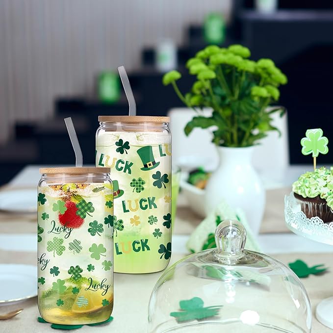 Jinei 2 Pcs Glass Cup Set 18 Ounce Glasses Cups with Bamboo Lids and Straws Tumbler for couple Mug for Women Men Birthday Party Favor Gift(St Patricks Day)