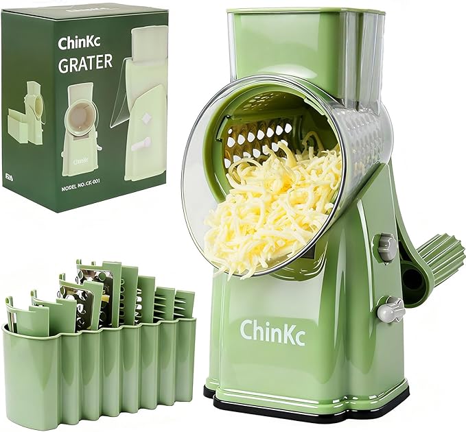 Upgrade Rotary Cheese Grater Shredder with Handle, Strong Suction Base, Multi-purpose Rotary Grater Slicer with 5 Interchangeable Blades for Ice, Vegetables, Fruit, Nuts with Blade Storage Box