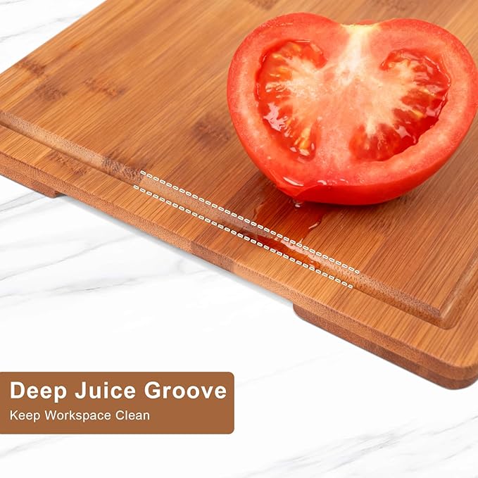 Tafopue Bamboo Cutting Board, Large Kitchen Chopping Board with Deep Juice Groove & Built-in Handle, Reversible Wooden Charcuterie Board and Serving Tray for Meat, Bread, Fruit, Daily Use, 16×11×0.6''