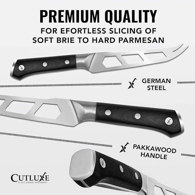 Cutluxe Cheese Knife – 5" Cheese Knife Slicer for Soft and Hard Cheese – Pronged, Serrated & Non Stick Blade – High Carbon German Steel, Full Tang & Ergonomic Handle Design – Artisan Series