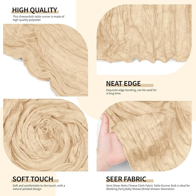 4 Pack Beige Cheesecloth Table Runner 10Ft, Gauze Table Runners 21.5 x 120 inch,Semi Sheer Cheese Cloth Fabric Runner Bulk for Wedding,Party,Baby Shower,Bridal Shower