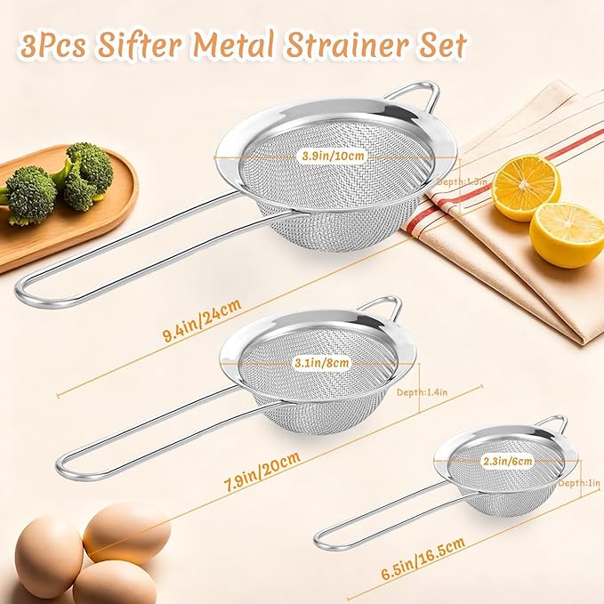 3Pcs Fine Mesh Strainer with Handle, Small Medium Large Size Sieve Strainers Set, Stainless Steel Sifter Colander for Kitchen Baking Juice Quinoa Food Flour