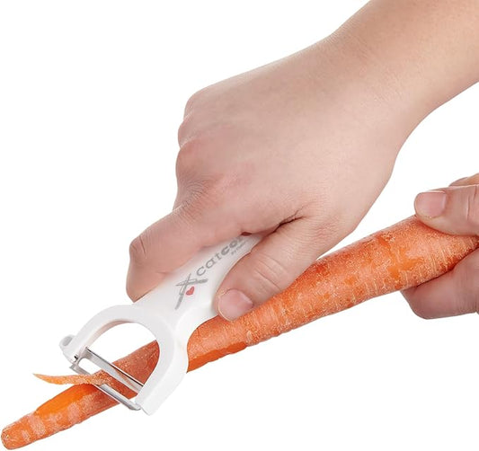 CatCora Swiss-Style Peeler, Professional German Tempered Stainless Steel Blade For Peeling Fruits and Vegetables and Garnishing, Ergonomic Contoured Handle, White