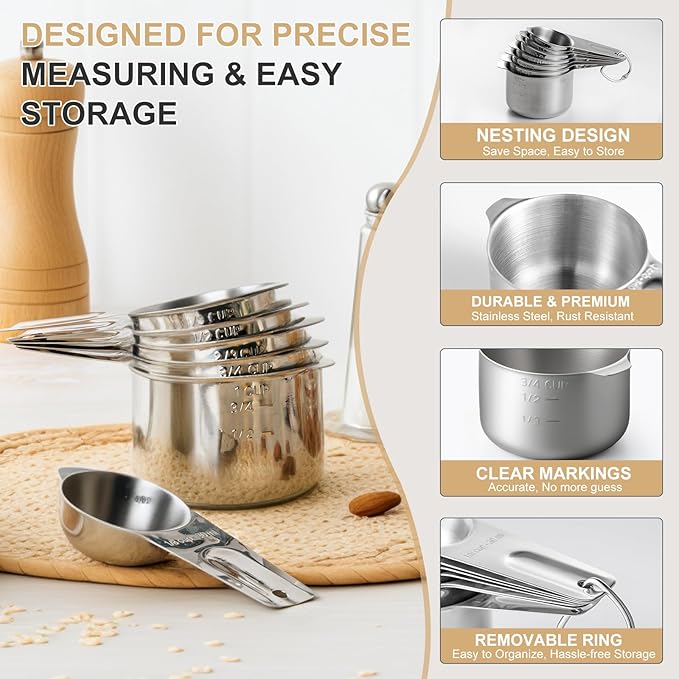 Stainless Steel Measuring Cups & Spoons Set, EWFEN Kitchen Tools Nesting Measuring Cups and Spoons, Set of 15 with Leveler, Black