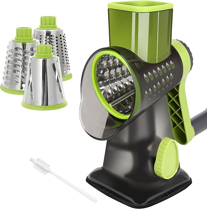 Quick Rotating Cheese Grater, Manual 3-in-1 Vegetable Chopper with Interchangeable Blades and Suction Cup Base (Green)