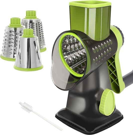 Quick Rotating Cheese Grater, Manual 3-in-1 Vegetable Chopper with Interchangeable Blades and Suction Cup Base (Green)