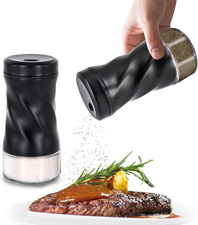 Black Salt and Pepper Shakers with Adjustable Pour Hole by NEODACO, Modern Glass Salt Shaker with Stainless Steel Lids for Kitchen Gadgets Table, RV, Ideal for Himalayan, Kosher, and Black Pepper