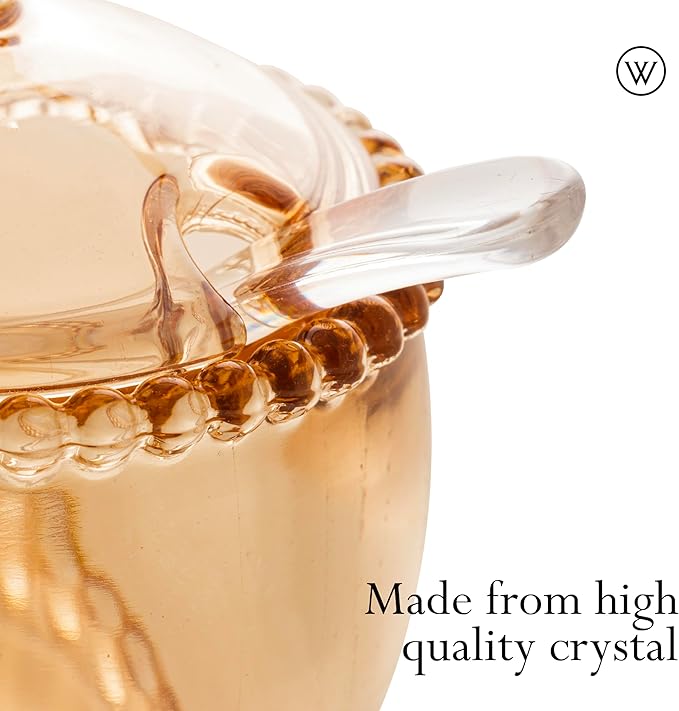 WOLFF - Pearl Crystal Beaded Sugar Bowl with Lid and Spoon - Sugar Holder, Dish for Candy Dispenser, Salt, Condiments and Spices, Jelly Jar (Amber, Sugar Bowl)