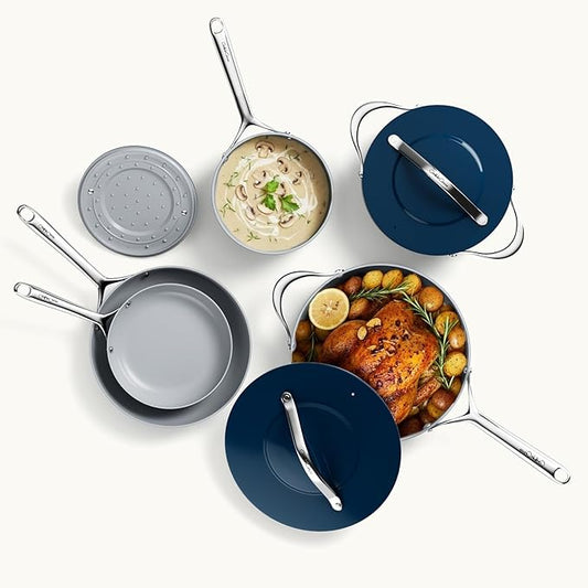 10-Piece Navy Blue Non-Stick Ceramic Pots & Pans Set with Lids, Complete Kitchen Cookware for Soup, Pasta, Boiling & Sautéing, Dishwasher Safe, Induction Compatible, From Stovetop to Oven Safe