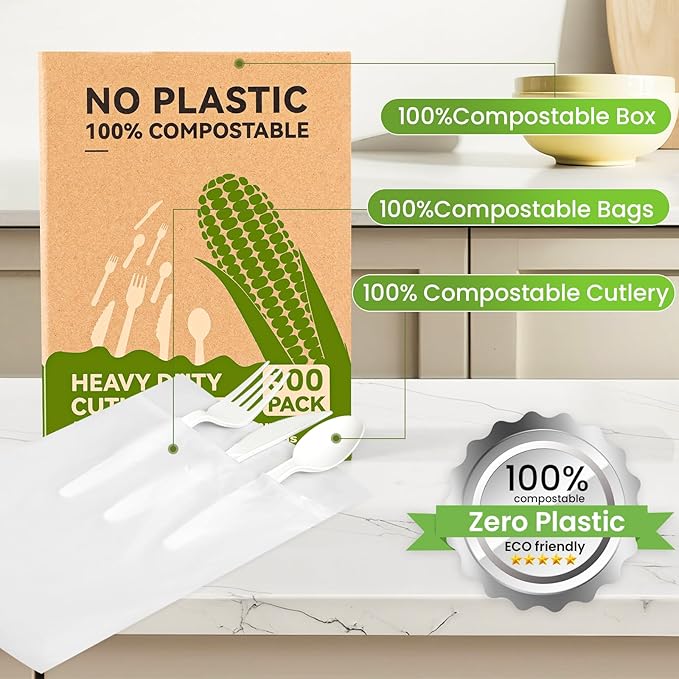 EZYLINKER Compostable Utensils Set (300Pack), Heavy Duty & Eco-Friendly No-Plastic Spoons, Forks, Knives Cutlery Set - 100% Disposable Cornstarch Flatware for Lounge Party Wedding BBQ Picnic Camping
