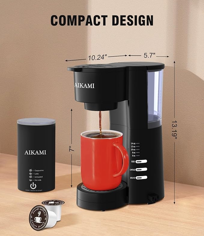 AIKAMI Single Serve Coffee Maker for K Cup & Ground Coffee with Milk Frother, 6 to 14 Oz Brew Sizes, Auto-Off Coffee Machine with Water Reservoir