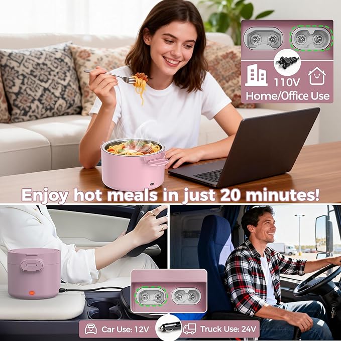Electric Lunch Box, 33OZ Portable Food Warmer | 100W Rapid Heating & Leak-Proof 304 Stainless Steel | 3-in-1(Car 12V/24V & Home 110V) | Perfect for Work/Travel,On-the-Go,Ideal Gift for Men & Women