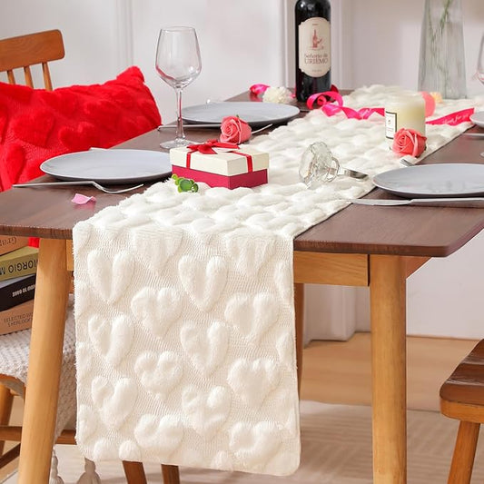 Table Runner 13x72 Inch for Valentine's Day, 3D Heart Shape Winter Holiday Decorative Farmhouse Table Decorations for Kitchen Dinning, Indoor Outdoor Dinner Party Decor (White)