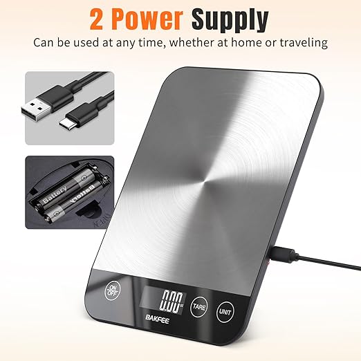 Food Scale, 33lb Rechargeable Kitchen Scale with Stainless Steel, Grams and Ounces, USB Charging, 1g High Accuracy for Baking, Cooking & Food Prep, BK806