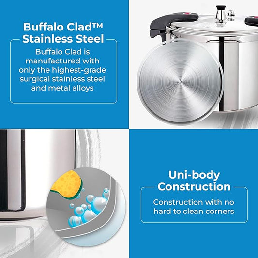 Buffalo 12 Quart Pressure Cooker Stainless Steel - Large Canning Pot with Lid for Home, Commercial Use - Easy to Clean Induction Stove Top Pressure Canner, Can Cooker - SG Certificate QCP412