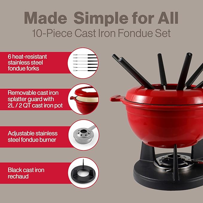 Swissmar Lucerne 10-Piece Cast Iron Fondue Set - Ideal for Melting Cheese, Chocolate, & More - Perfect for Kitchen Collection & Wedding Gift Giving - 2 Liter / 2 Quart - Red