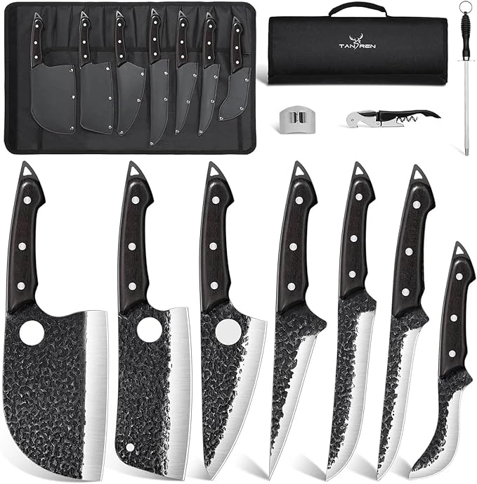 TAN REN Butcher Knife Set for Meat Cutting, 7PCS Professional Serbian Chef Knife Set with Bag, Hand Forged Viking Kitchen Knives, Christmas Gifts for Men