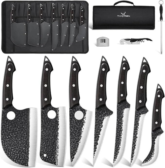 TAN REN Butcher Knife Set for Meat Cutting, 7PCS Professional Serbian Chef Knife Set with Bag, Hand Forged Viking Kitchen Knives, Christmas Gifts for Men