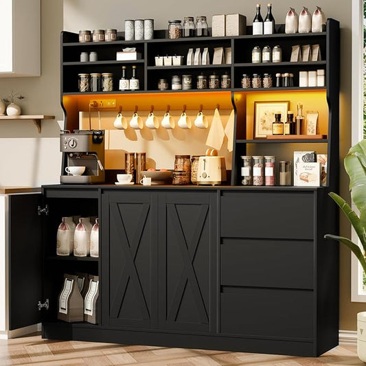 Farmhouse Kitchen Pantry Cabinet with Power Outlet & LED Light, Large Coffee Bar Cupboard with Microwave Stand, 3 Doors & 3 Drawers, 7 Cup Holders & 8 Open Cubbies, Adjusted Shelves (Black)