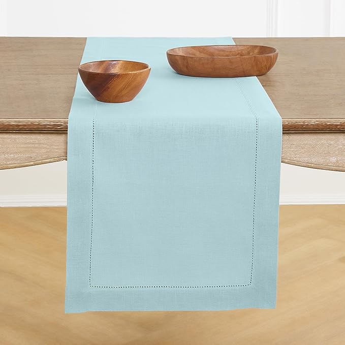 Solino Home Linen Aqua Blue Table Runner 120 Inches Long - 100% Pure Linen Hemstitch 14 x 120 Inch Table Runner for Dining, Spring, Easter, Winter - Classic Hemstitch