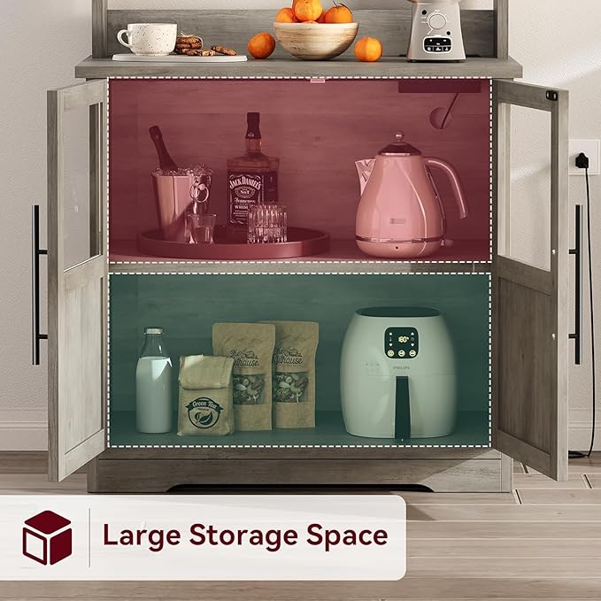 GAOMON Farmhouse Bakers Rack with Storage Cabinet and Power Outlets, Kitchen Pantry Organizer Hutch with Thickened Countertop, Microwave Stand with USB Ports, Multi-Shelf Storage, Gray