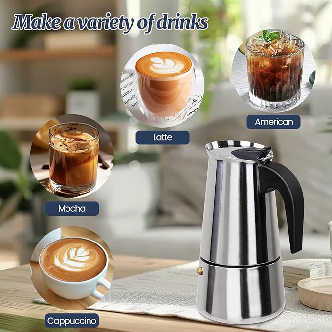 Supvision 2 Cup Moka Pot Stainless Steel 100ml Italian Espresso Coffee Maker Stovetop Coffee Makers Mocha Pot Percolator Greca Coffee Maker for Induction Stove Portable for Easy Brewing Straight