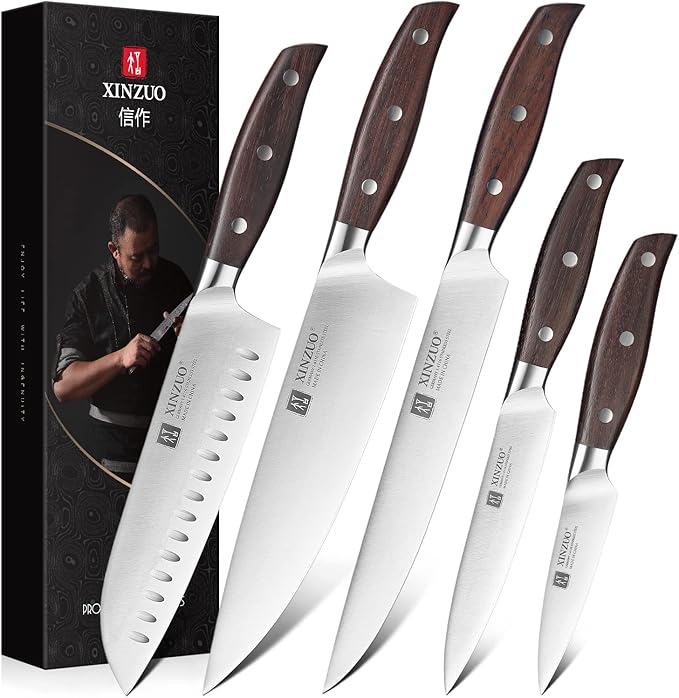 XINZUO German Stainless Steel Knife Set, 5Pcs Professional Chef Knife Sets for Chefs, Ultra Sharp,Chef Santoku Slicing Petty Paring Knife with Red Sandalwood Handle