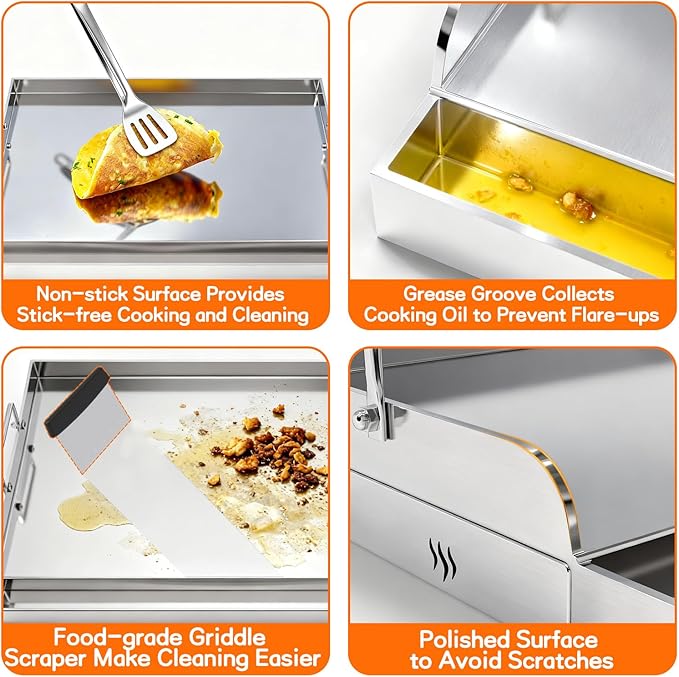 GT GETCO TECH 100% Food Grade Stainless Steel Griddle with Grease Groove, Universal Cooking Griddle for Gas Grill for Tailgating, Camping and Parties, 23＂×16＂